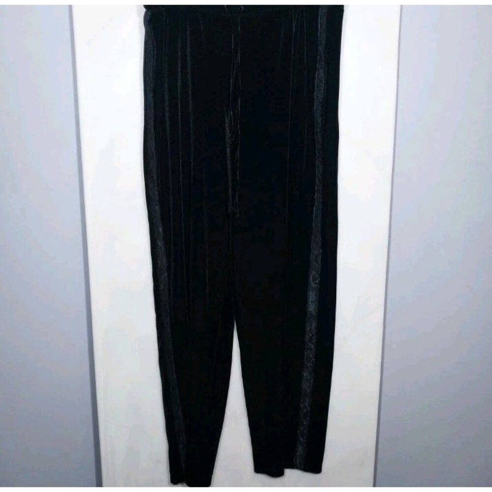 Vintage Black Stretch Velour Lounge Pants Womens L Wide Leg Lace Side Panels